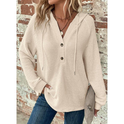 【PLUS SIZE】🧥Women's Waffle Knit Drawstring Button V Neck Hooded Sweatshirt | Almost Gone⚡