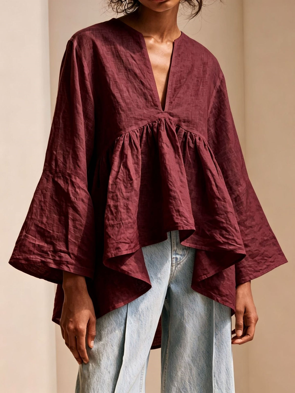 Fall New Arrival - Women's Solid-color loose V-neck trumpet sleeve Top