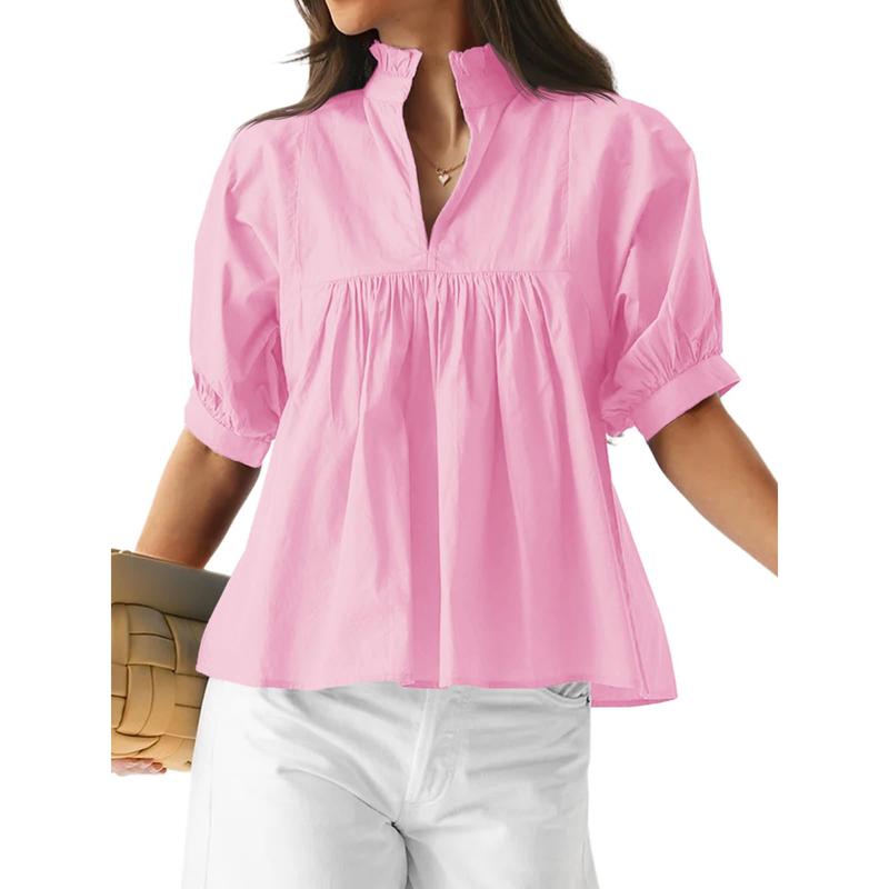 Women’s V-Neck Puff Sleeve Blouse Babydoll Peplum Tops & Cotton Fabric