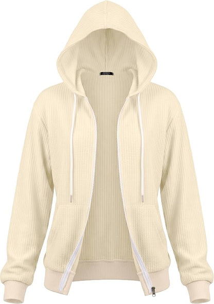 ☁️Women's Waffle-Knit Full-Zip Long-Sleeve 100% Cotton Hoodies with Pockets [PLUS SIZE]