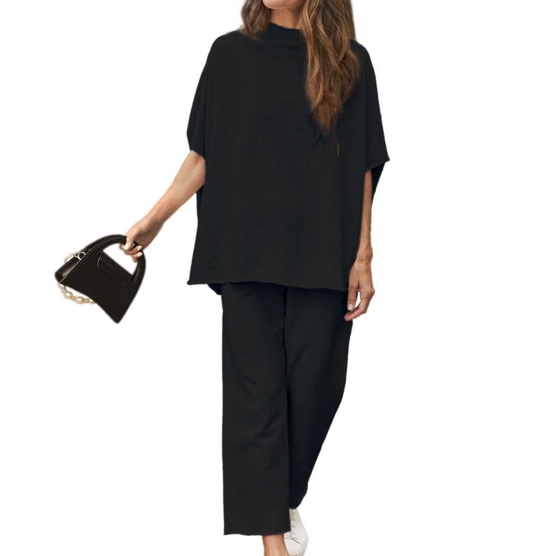 Women's 2-Piece Casual Trendy Clothing Set - 3/4 Batwing Sleeve Capelet Crew Neck Pullover Top&Wide Leg Pants