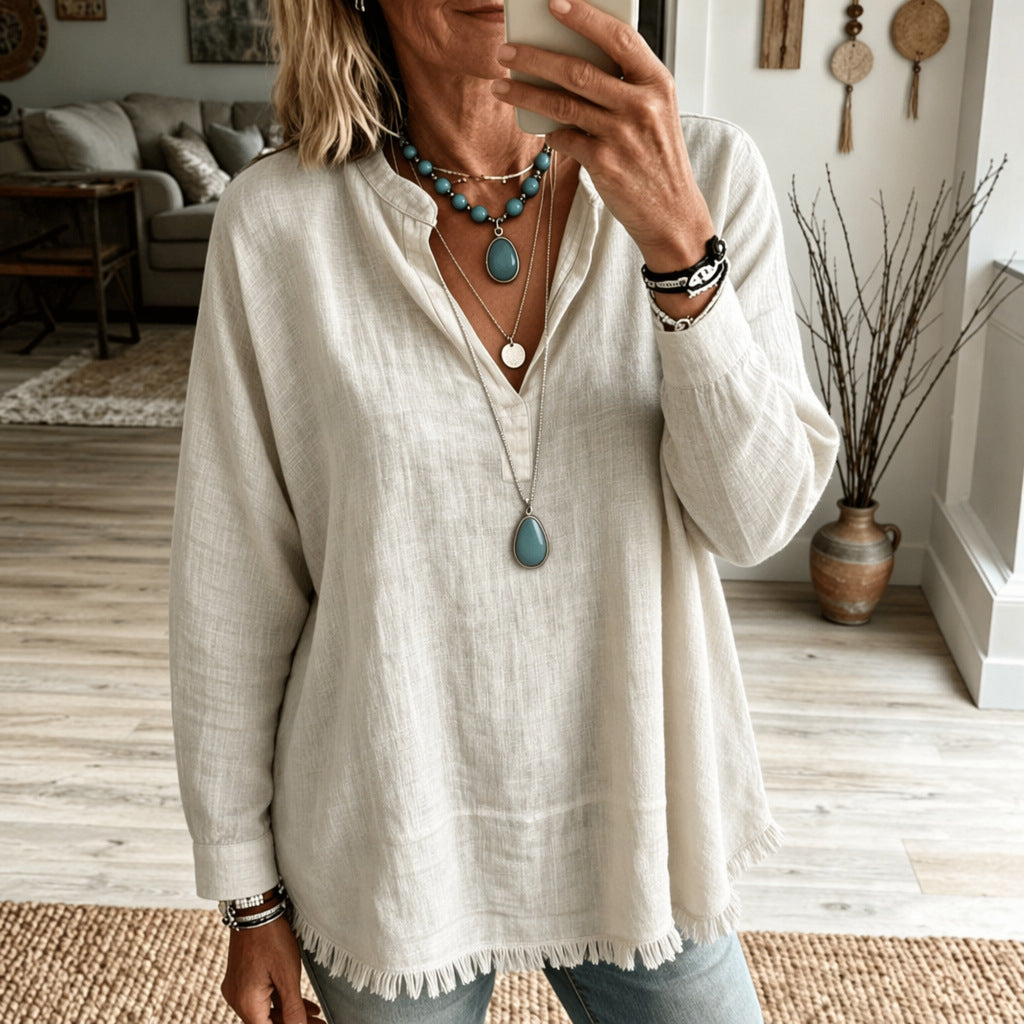 New Autumn Women's Loose-Fit Solid-Color Casual Long-Sleeve Top with V-Neck and Frayed Tassel Hem