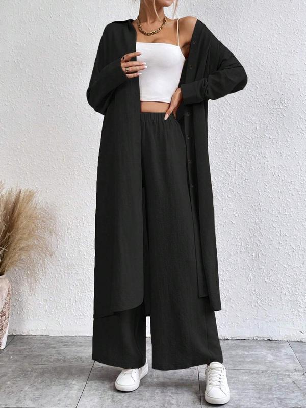 Women's Solid Button Front Shirt & Wide Leg Pants Two-piece Set
