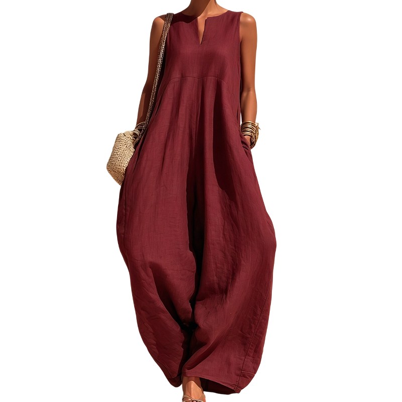 Trending Now!⭐Refined Summer Craftsmanship🌿Women’s Sleeveless V-Neck Linen-Blend Wide-Leg Jumpsuit with Pockets