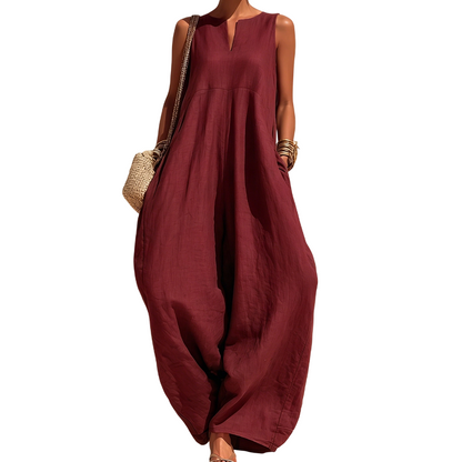 Trending Now!⭐Refined Summer Craftsmanship🌿Women’s Sleeveless V-Neck Linen-Blend Wide-Leg Jumpsuit with Pockets
