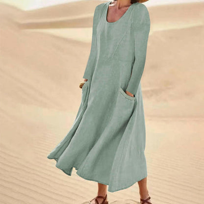 👗 50% OFF NOW! Women's Solid Color Long Sleeve Cotton And Linen Maxi Dress With Pockets