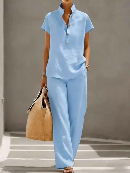 👚👖Women's Casual Lazy Style Basic Baggy Open Front Short Sleeve Top and Long Pants Matching Set