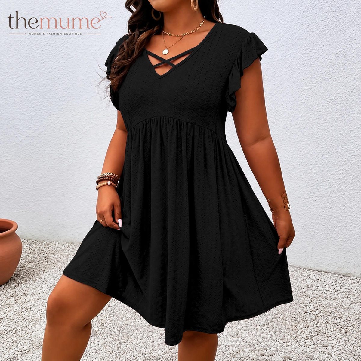 【Plus Size】 Solid Color Hollow Out V-neck Dress