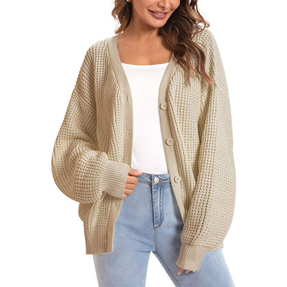 Women's Oversized V-neck 100% Cotton Cardigan Sweater, Casual Button-Down Long Sleeve Top