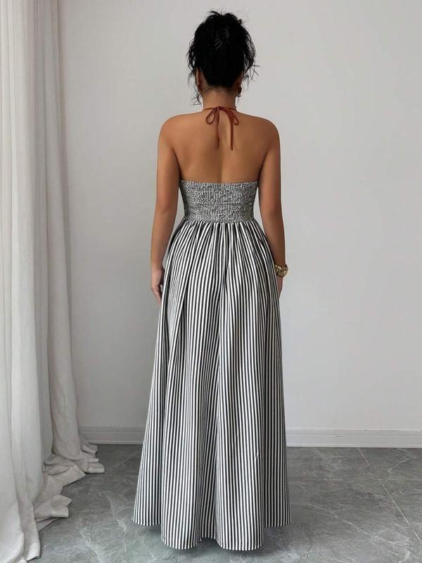🏆SUMMER SALE💥Women's Elegant Sexy Striped Deep V Neck Halter Dress