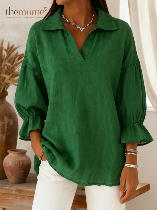Women's Solid-Color Casual 3/4 Sleeve Loose-Fitting Fashionable Pullover Top