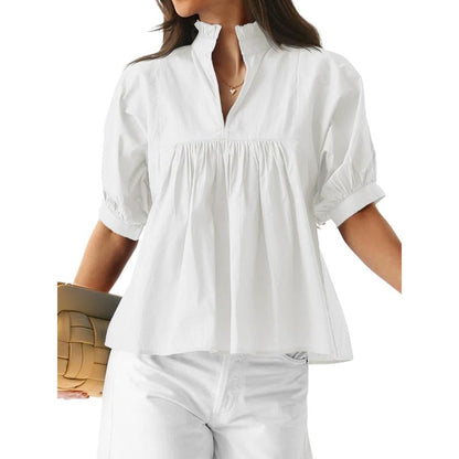 Women’s V-Neck Puff Sleeve Blouse Babydoll Peplum Tops & Cotton Fabric