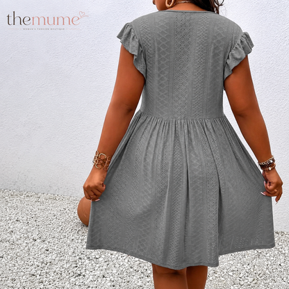 【Plus Size】 Solid Color Hollow Out V-neck Dress