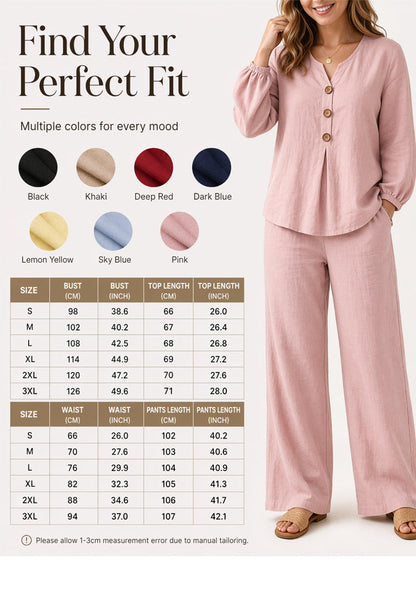 🌿Women's Cotton-Linen V-Neck Long Sleeve Top & Pants Set