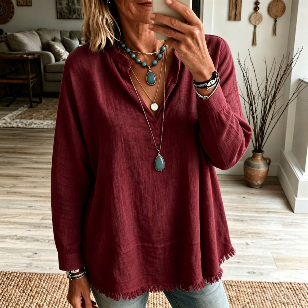 New Autumn Women's Loose-Fit Solid-Color Casual Long-Sleeve Top with V-Neck and Frayed Tassel Hem