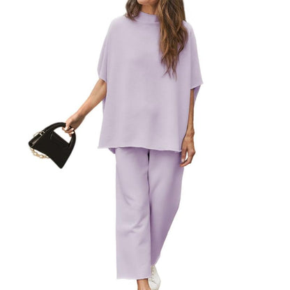 Women's 2-Piece Casual Trendy Clothing Set - 3/4 Batwing Sleeve Capelet Crew Neck Pullover Top&Wide Leg Pants