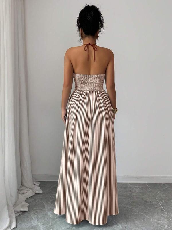 🏆SUMMER SALE💥Women's Elegant Sexy Striped Deep V Neck Halter Dress