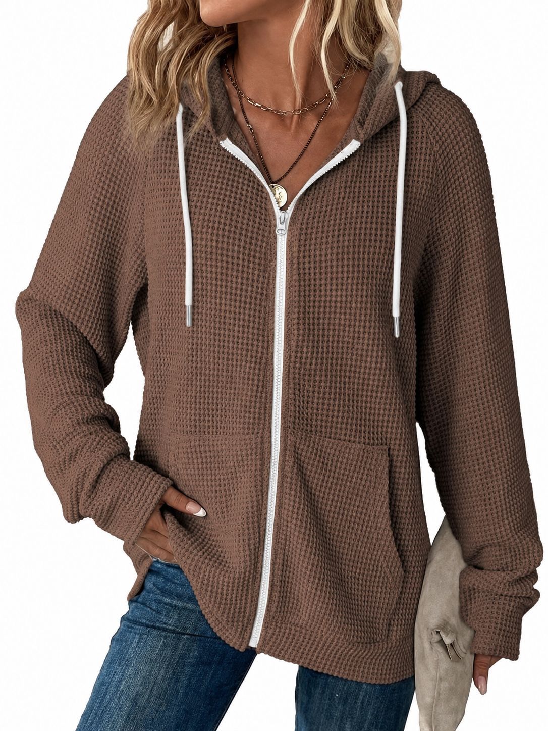 ☁️Women's Waffle-Knit Full-Zip Long-Sleeve 100% Cotton Hoodies with Pockets [PLUS SIZE]