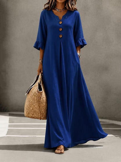 Autumn New Arrival👗Women's Boho Aesthetic Style Solid V-Neck Dress with Wooden Buttons and Ruffle Sleeves