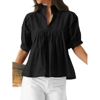 Women’s V-Neck Puff Sleeve Blouse Babydoll Peplum Tops & Cotton Fabric