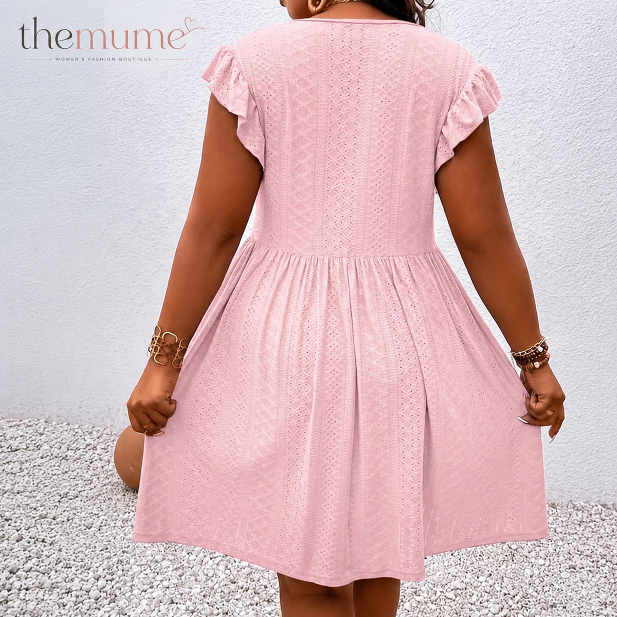 【Plus Size】 Solid Color Hollow Out V-neck Dress