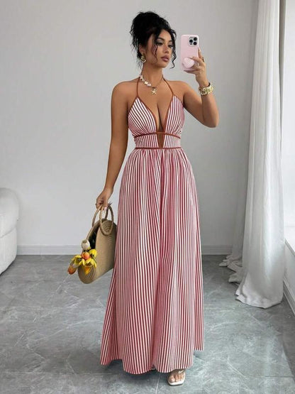 🏆SUMMER SALE💥Women's Elegant Sexy Striped Deep V Neck Halter Dress