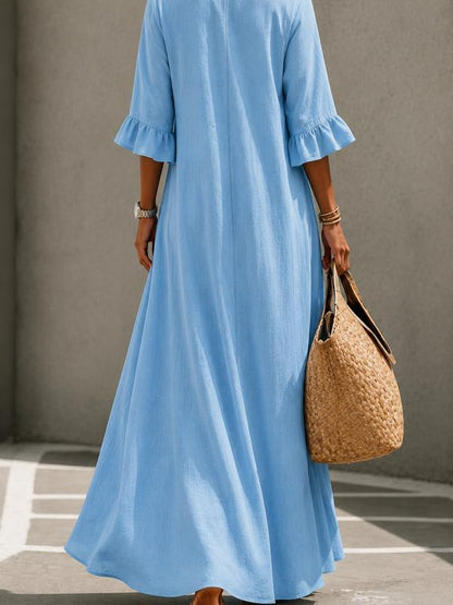 Autumn New Arrival👗Women's Boho Aesthetic Style Solid V-Neck Dress with Wooden Buttons and Ruffle Sleeves