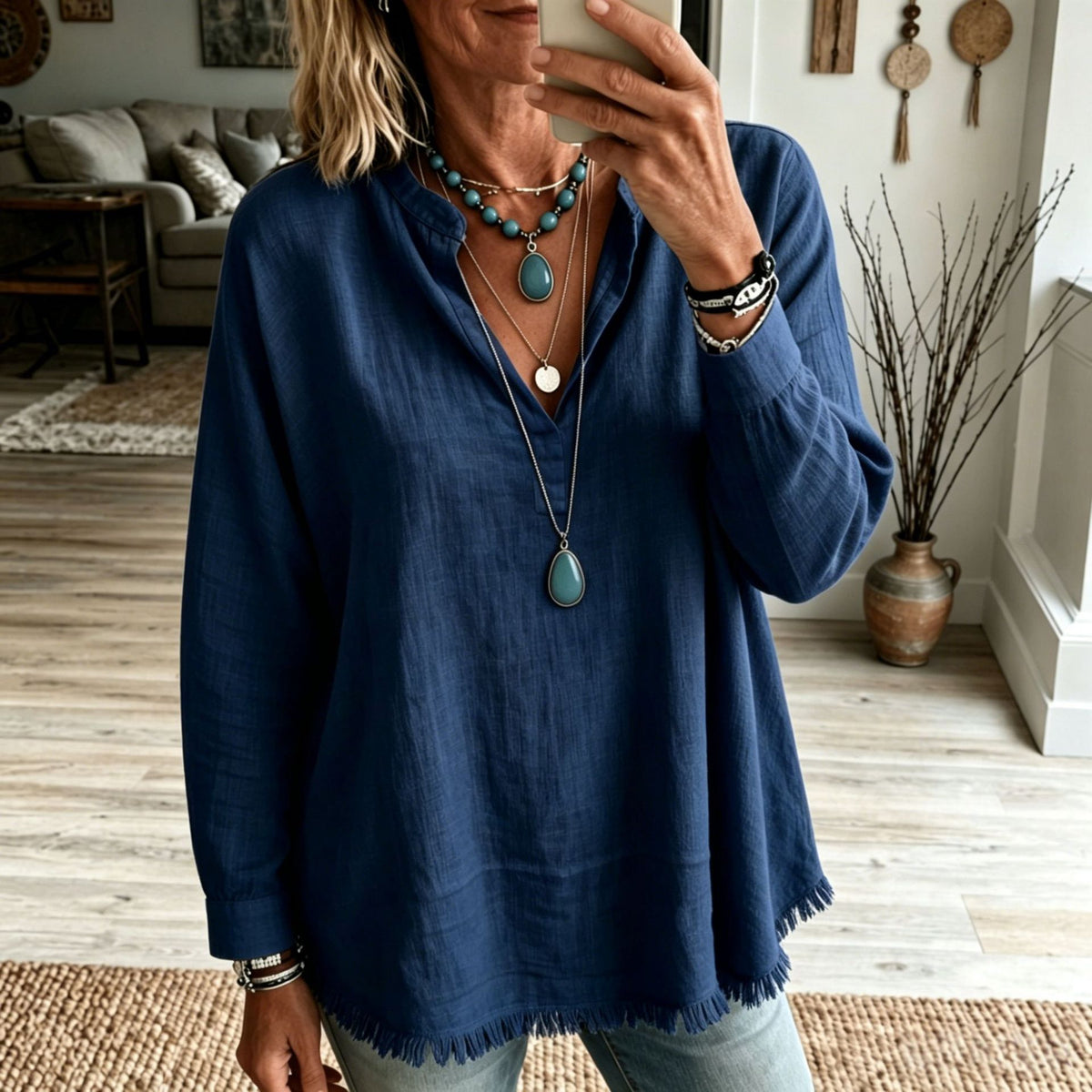 New Autumn Women's Loose-Fit Solid-Color Casual Long-Sleeve Top with V-Neck and Frayed Tassel Hem