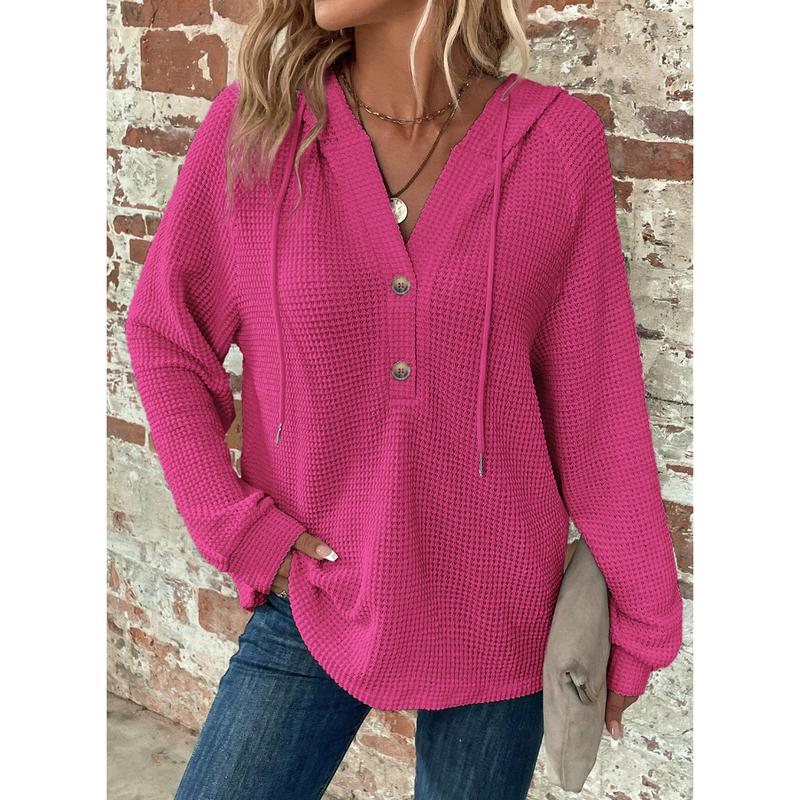 【PLUS SIZE】🧥Women's Waffle Knit Drawstring Button V Neck Hooded Sweatshirt | Almost Gone⚡