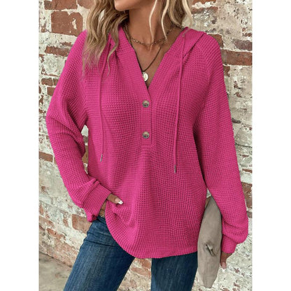 【PLUS SIZE】🧥Women's Waffle Knit Drawstring Button V Neck Hooded Sweatshirt | Almost Gone⚡