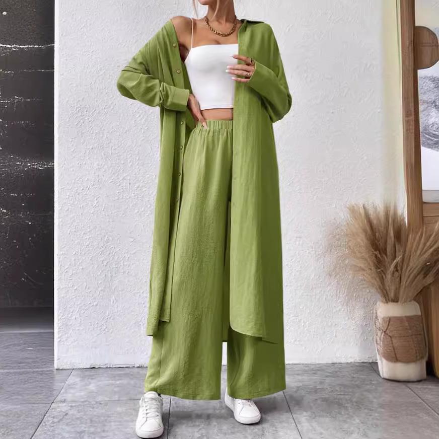 Women's Solid Button Front Shirt & Wide Leg Pants Two-piece Set