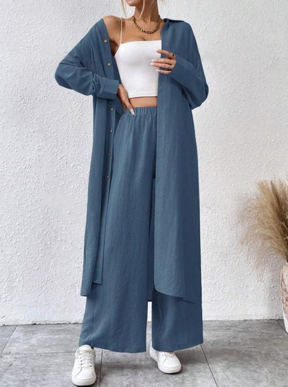 Women's Solid Button Front Shirt & Wide Leg Pants Two-piece Set