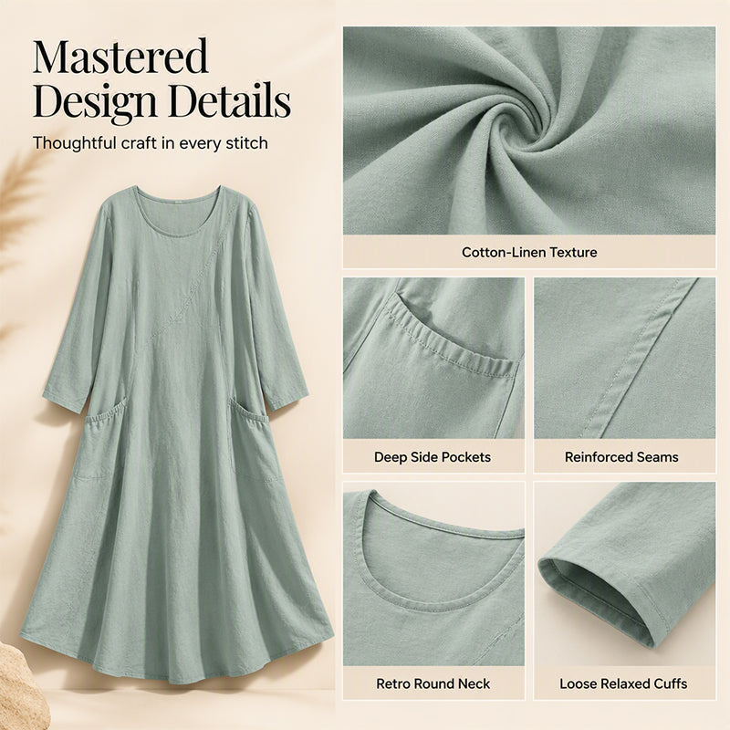 👗 50% OFF NOW! Women's Solid Color Long Sleeve Cotton And Linen Maxi Dress With Pockets