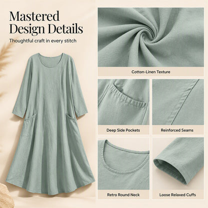 👗 50% OFF NOW! Women's Solid Color Long Sleeve Cotton And Linen Maxi Dress With Pockets
