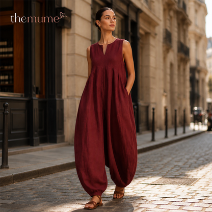 Trending Now!⭐Refined Summer Craftsmanship🌿Women’s Sleeveless V-Neck Linen-Blend Wide-Leg Jumpsuit with Pockets