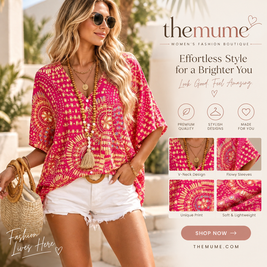 Trending Now⭐👚 Boho Print Batwing Sleeve Top – Flowing V-Neck & Effortless Bohemian Style