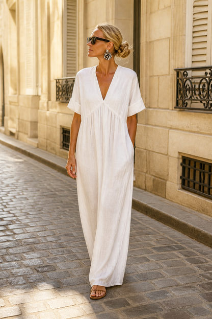 Women's Casual Vacation Style V-neck Linen Short-sleeved Solid-color Maxi Dress